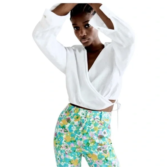 Women's Zara Floral Printed Linen Blend‎ Flare Trousers  Size 4 New with Tags - Picture 3 of 14
